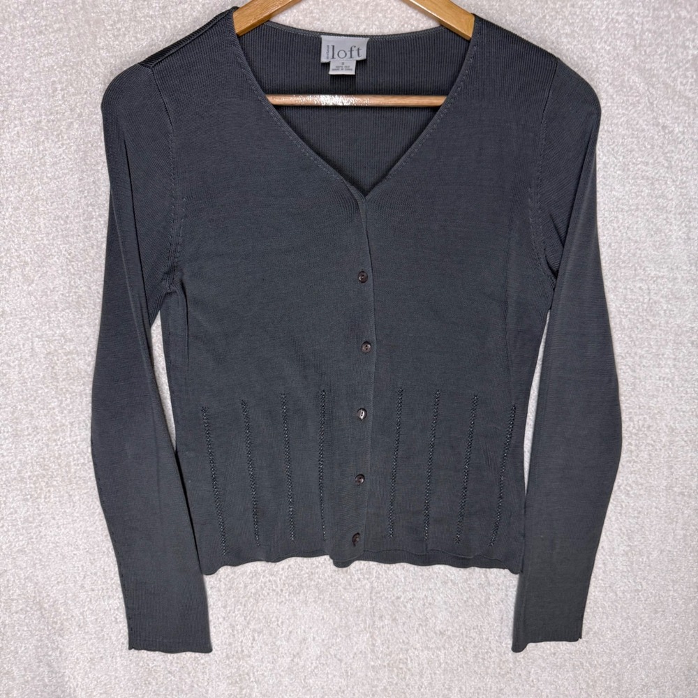 Ann Taylor LOFT 100% Silk Cardigan Women's S Gray V-Neck Pointelle Button Front